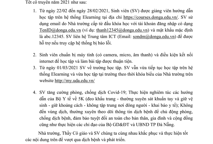Thông báo thời gian học tập tại trường sau Tết cổ truyền năm 2021